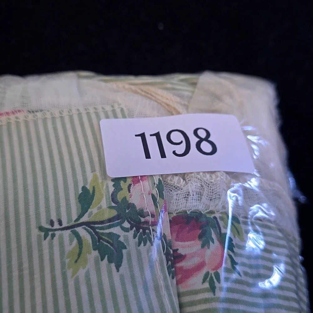 Handmade Window Valance Sheer Curtain Set Green Pink Floral Shabby Chic
